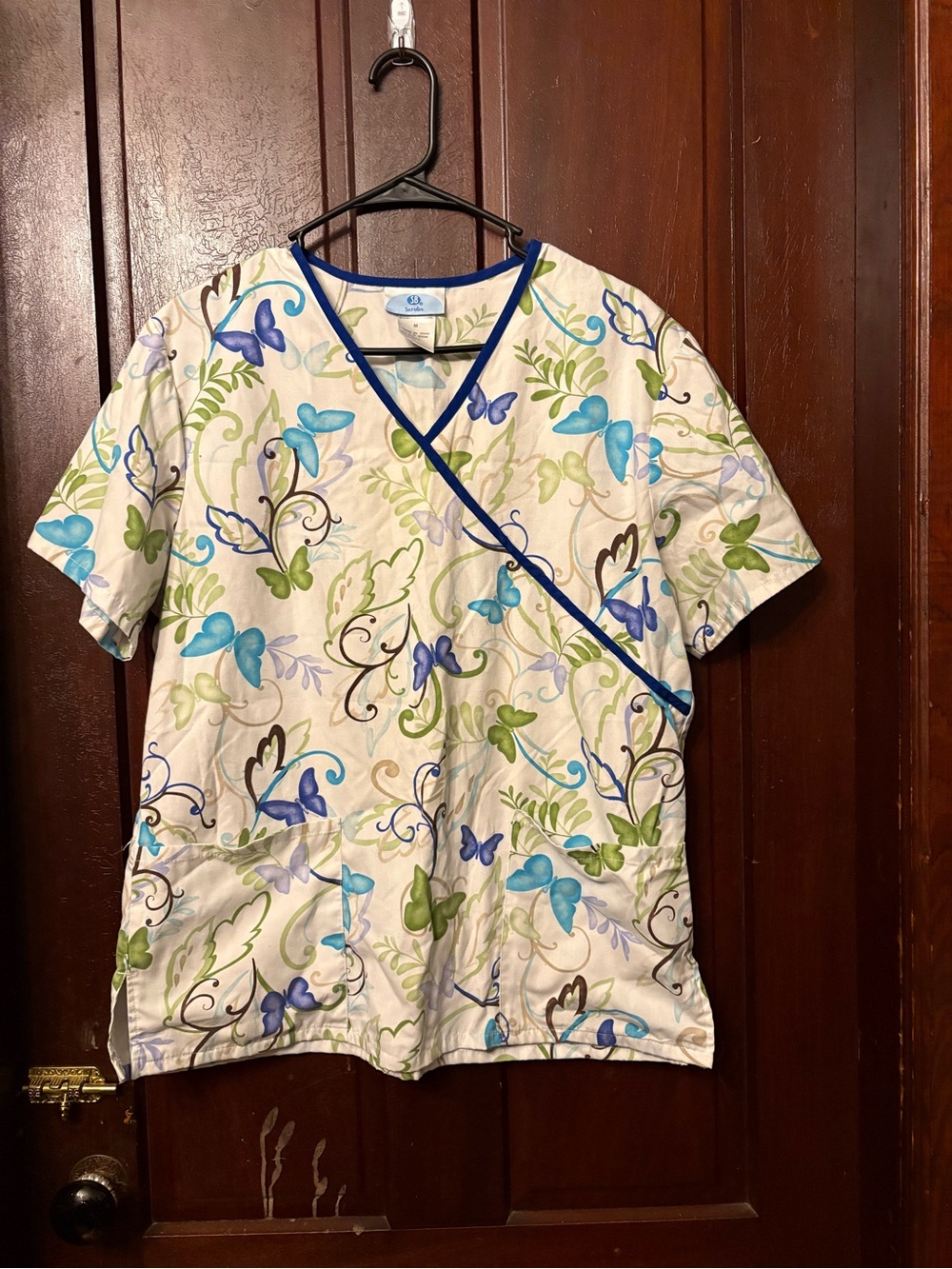 Floral Butterfly Print Scrub Top